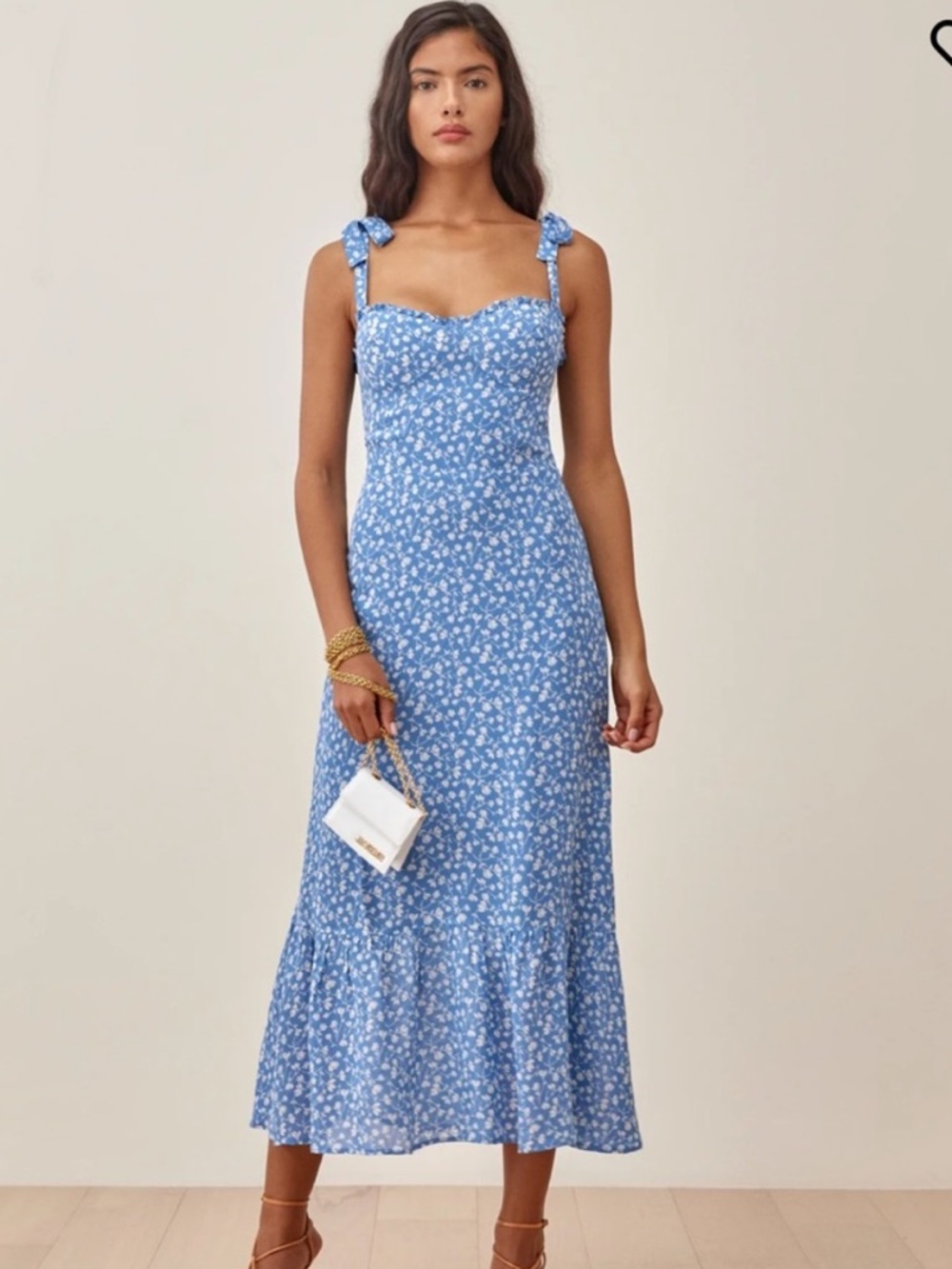 Reformation Blue Floral Tie-Shoulder Midi Dress - Picture 1 of 8